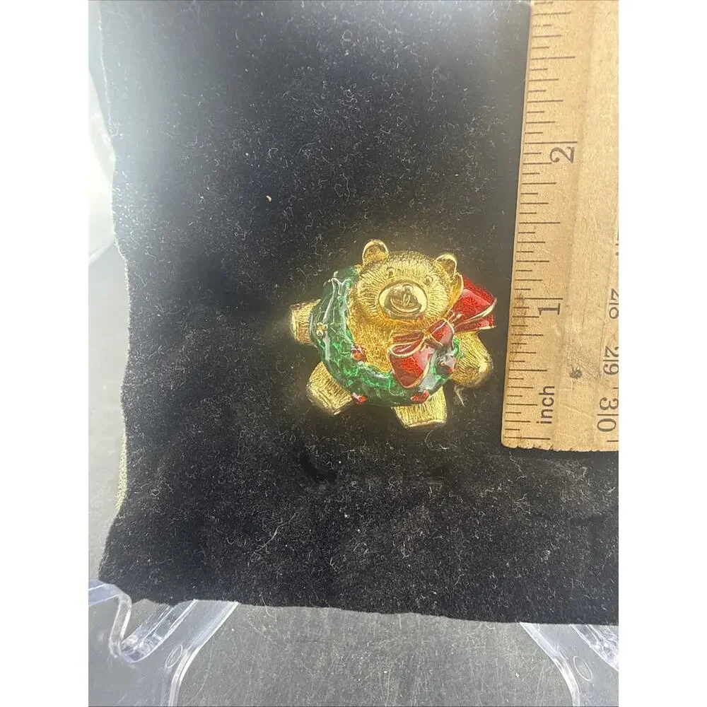 Gold Tone Enamel Christmas Teddy Bear Wears a Wreath Brooch Pin